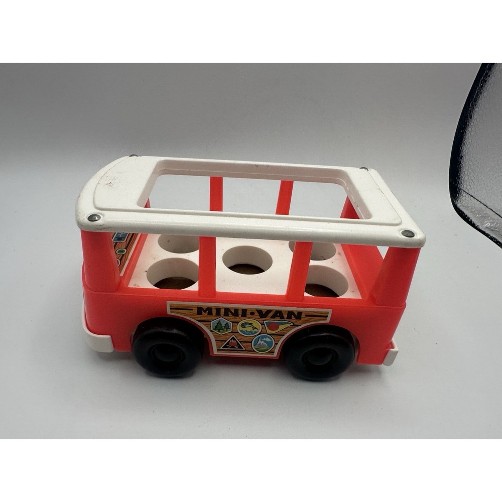 VTG FISHER PRICE LITTLE PEOPLE PLASTIC RED & WHITE MINI-BUS‎ TOY WOOD BASE 1969